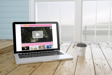 Poster - laptop with video streaming on screen with port background and c