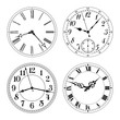 Editable vector clock faces. Arabic and roman numerals. Round shape. Easily remove and replace hands and design.