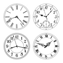 Editable Vector Clock Faces. Arabic And Roman Numerals. Round Shape. Easily Remove And Replace Hands And Design.