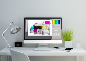 Fototapete - modern clean workspace with graphic design software on screen