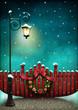 Greeting card or illustration of  red fence and Christmas Wreath