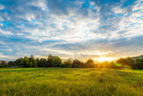 Fototapeta Zachód słońca - Beautiful sunset landscape over a meadow in evening - colorful sunlight wallpaper