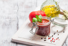 Glass Jar With Homemade Classic Spicy Tomato Sauce