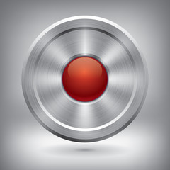 Poster - metal button, glossy red ball in the center, vector metallic texture, round element for you project 