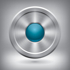 Poster - metal button, glossy turquoise ball in the center, vector metallic texture, round element for you pr