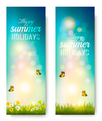 Poster - Happy summer holidays background with flowers, grass and butterf