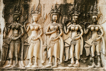 Apsara sculpture on the wall of Angkor Wat, Seam Reap, Cambodia.