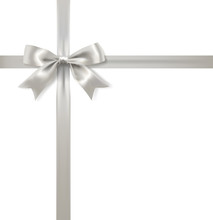 Silver Bow Decoration And Ribbon On White Background. Vector