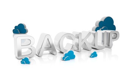 Wall Mural - 3D rendering of Backup text with Cloud symbols , isolated on white background.