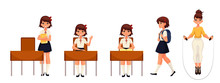 Cartoon School Girl Standing And Sitting At The Desk, Walking And Jumping. Vector Illustration Isolated On White Background. Schoolgirl In Different Postures