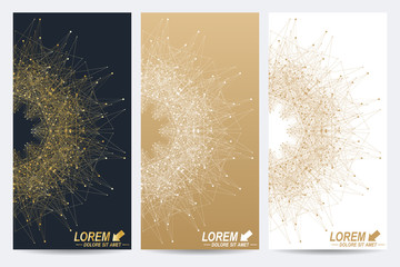Poster - Modern set of vector flyers. Geometric abstract presentation with golden mandala. Molecule and communication background for medicine, science, technology, chemistry.