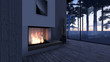 © castecodesign - Modern Fireplace in white stone. Nature view. Morning sunrise, beautiful peaceful lights. 3D Render Image