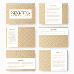 Poster - Golden set of vector templates for multipurpose presentation slides. Brochure, Leaflet, flyer, cover, magazine or annual report. Abstract presentation with islamic style. Gold background.