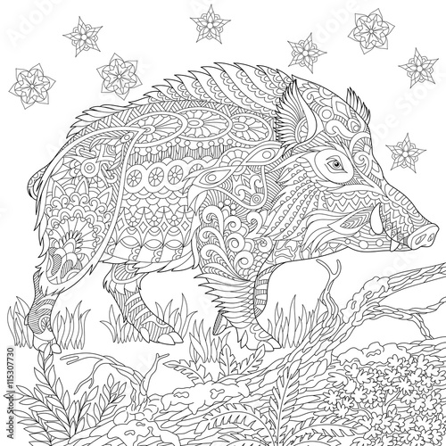Zentangle stylized cartoon wild boar (razorback, warthog, hog, pig