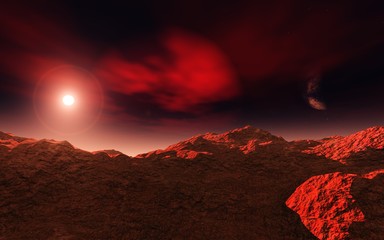 Wall Mural - Martian landscape, sunset on Mars