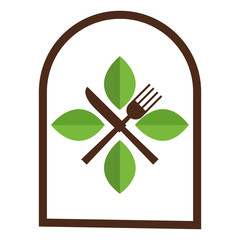 Canvas Print - simple flat design restauran emblem with leaves and utensils icon vector illustration