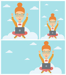 Poster - woman on cloud with laptop vector illustration.