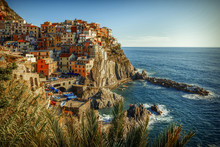 A Film-like View Over Manarola, One Of The Five Famous Villages That Form Cinque Terre, With A Special A Kodachrome Emulation Colour Grading. Two Other Colour Grading Versions Are Available