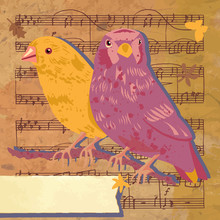Vintage Collage With Two Birds, Butterflies, And Sheet Music; Ve