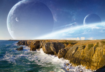 Wall Mural - View of distant planet system from cliffs