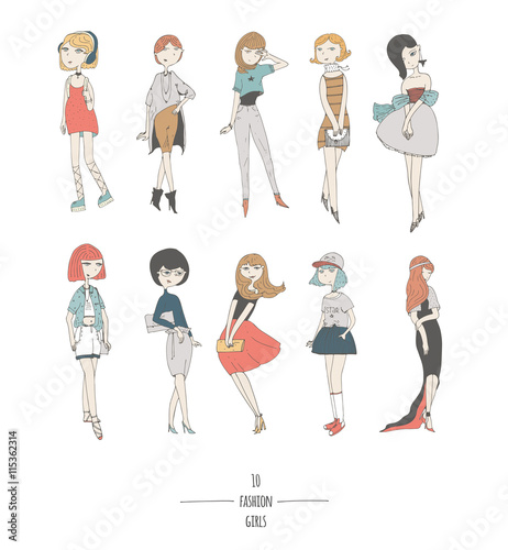 Hand Drawn Set With Cute Fashion Girls In Dresses With Different