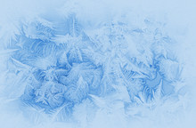 Bright Blue Frost Pattern On A Window Glass In The Winter (as An Abstract Winter Background), Retro Style