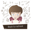 © obereg - Cartoon young boy with school bag and hand drawn science backgro