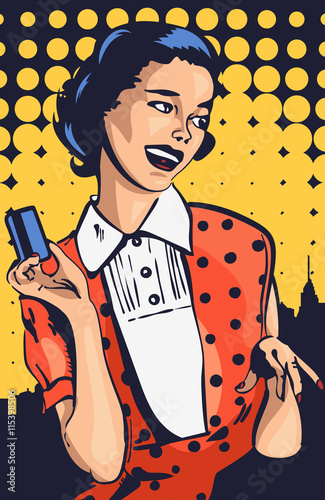 Naklejka - mata magnetyczna na lodówkę Retro woman with credit card vector pic