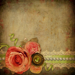 Canvas Print - Vintage background with  roses, lace, ribbon