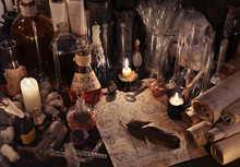 Mystic Still Life With Alchemy Paper, Vintage Bottles, Candles And Magic Objects