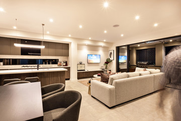 Luxury house interior with living room and the kitchen