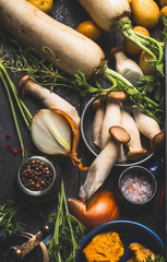 Sticker - Mushrooms with autumn vegetables and cooking ingredients on dark wooden background, top view