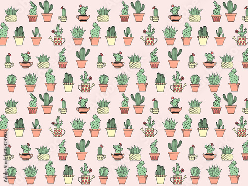 Colorful background with cute cactus in simple hand drawn style. Cute