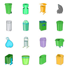 Poster - Trashcan icons in cartoon style. Garbage box set collection isolated vector illustration