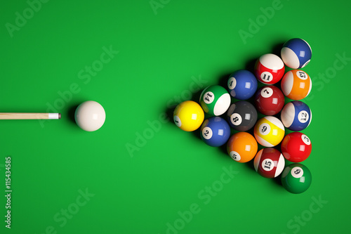 Fotomural Cue aim billiard snooker pyramid on green table. 3d illustration