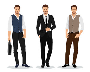 stylish high detailed graphic businessmen set. cartoon male characters. men in fashion clothes. flat