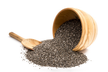 Chia seeds in an overturned wooden bowl seen from front with a wooden spoon on white background