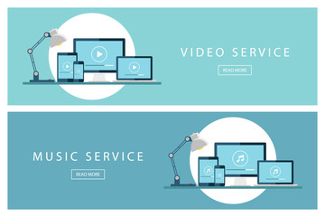 Poster - Set of flat design illustration concepts Video service and Music service. Banners for web design, marketing and promotion. Presentation templates. Vector illustration.