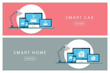 Poster - Set of flat design concepts Smart car and Smart home. Internet of things. Banners for web design, marketing and promotion. Presentation templates. Vector illustration.