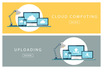 Poster - Set of flat design concepts Cloud computing and Uploading technology. Banners for web design, marketing and promotion. Presentation templates. Vector illustration.