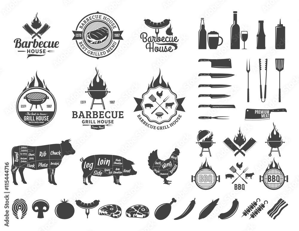 Set of vector barbecue logo, labels and icons - obrazy, fototapety, plakaty 