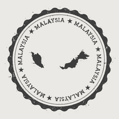 Wall Mural - Malaysia hipster round rubber stamp with country map. Vintage passport stamp with circular text and stars, vector illustration.