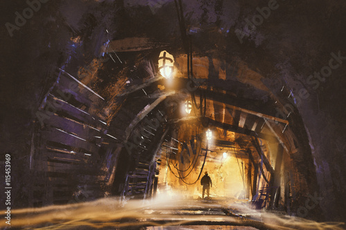 Fotografía inside of the mine shaft with fog,illustration,digital painting