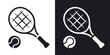 Vector tennis racket and tennis ball icon.  Two-tone version on black and white background