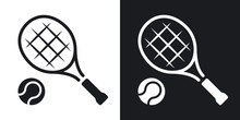 Vector Tennis Racket And Tennis Ball Icon.  Two-tone Version On Black And White Background