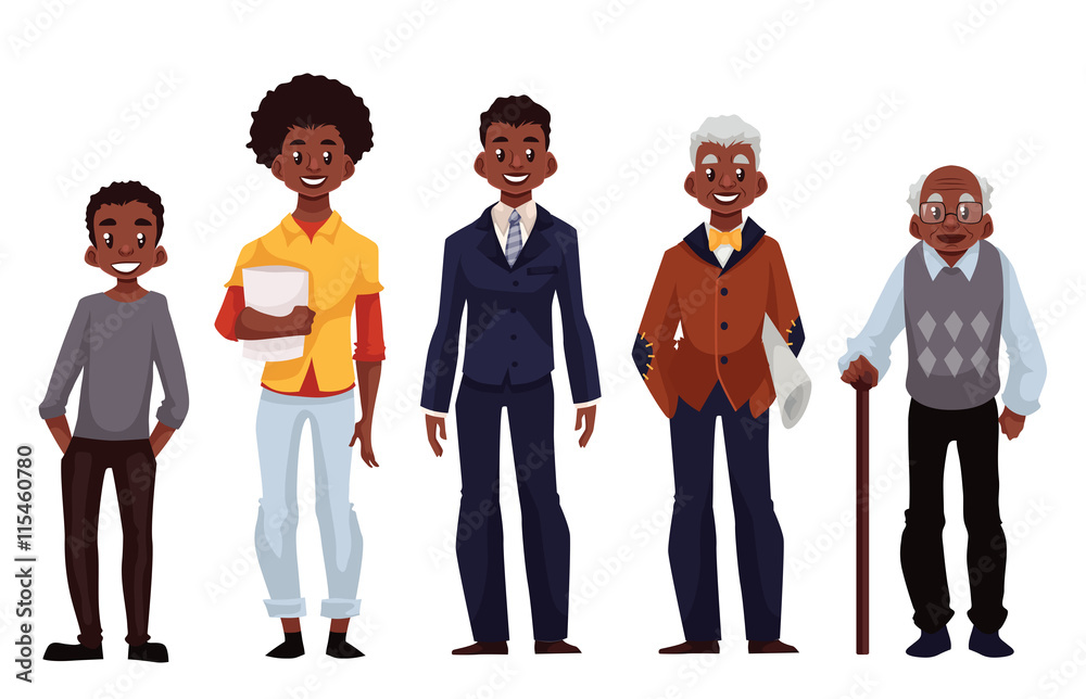 Set of black men of different ages from adolescence youth to maturity ...