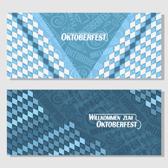 Wall Mural - Vector horizontal banners bavarian pattern flag oktoberfest. On Background blue rhombus diamond ticket invitation - symbols Oktoberfest: mug beer, pretzel, tyrolean hat, maple leaf. Flyer Bayern fest