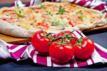 Delicious italian pizza served on wooden table