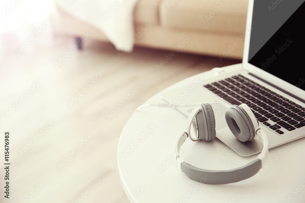 New headphones on the table in the room