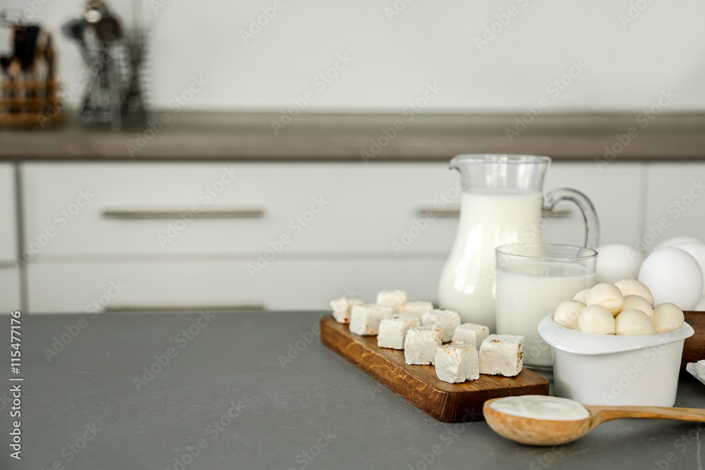 Dairy products on kitchen table